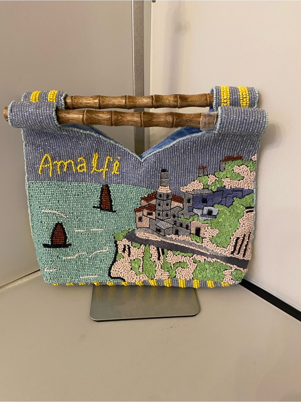 NWT Hand-Beaded Amalfi Coastal Satchel in Pastel Blue with Bamboo Handles